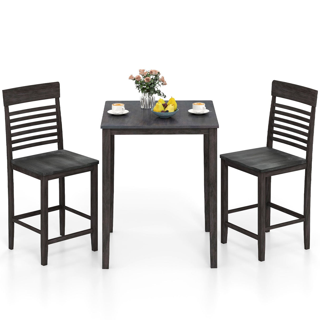 Juego de comedor de 3 piezas para 2 personas con altura de mostrador, estructura de madera de caucho y reposapiés