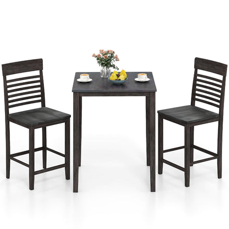 Juego de comedor de 3 piezas para 2 personas con altura de mostrador, estructura de madera de caucho y reposapiés