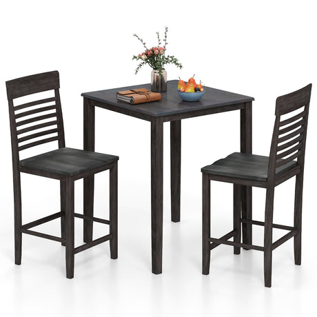 Juego de comedor de 3 piezas para 2 personas con altura de mostrador, estructura de madera de caucho y reposapiés