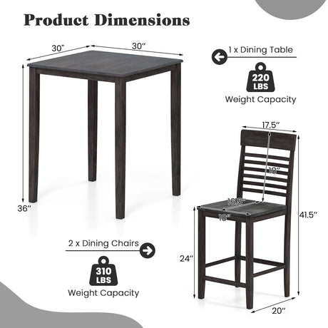 Juego de comedor de 3 piezas para 2 personas con altura de mostrador, estructura de madera de caucho y reposapiés