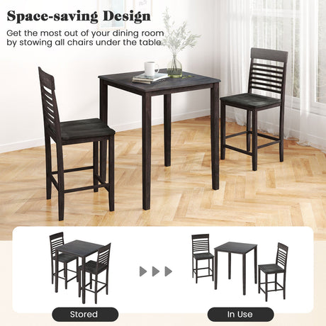 Juego de comedor de 3 piezas para 2 personas con altura de mostrador, estructura de madera de caucho y reposapiés