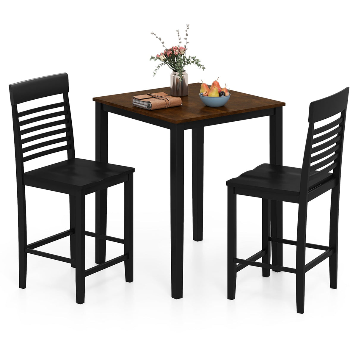 Juego de comedor de 3 piezas para 2 personas con altura de mostrador, estructura de madera de caucho y reposapiés