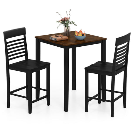 Juego de comedor de 3 piezas para 2 personas con altura de mostrador, estructura de madera de caucho y reposapiés