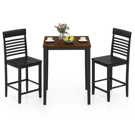 Juego de comedor de 3 piezas para 2 personas con altura de mostrador, estructura de madera de caucho y reposapiés