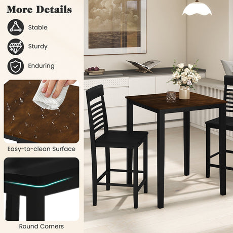 Juego de comedor de 3 piezas para 2 personas con altura de mostrador, estructura de madera de caucho y reposapiés