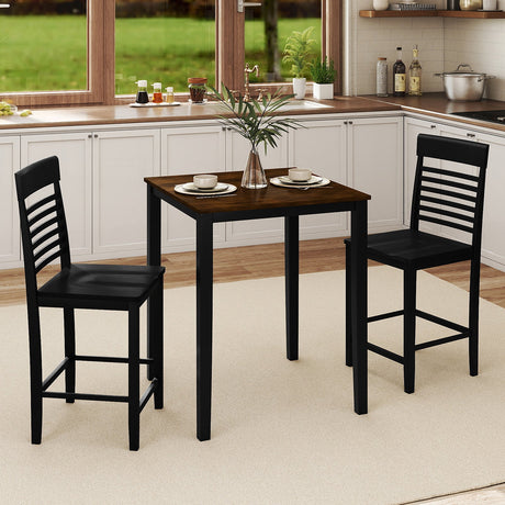 Juego de comedor de 3 piezas para 2 personas con altura de mostrador, estructura de madera de caucho y reposapiés