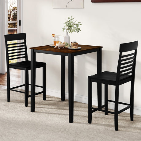 Juego de comedor de 3 piezas para 2 personas con altura de mostrador, estructura de madera de caucho y reposapiés