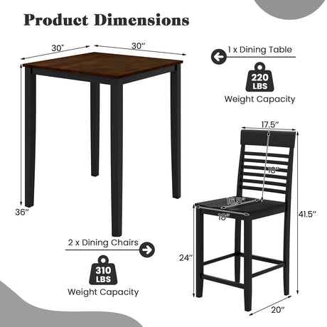 Juego de comedor de 3 piezas para 2 personas con altura de mostrador, estructura de madera de caucho y reposapiés
