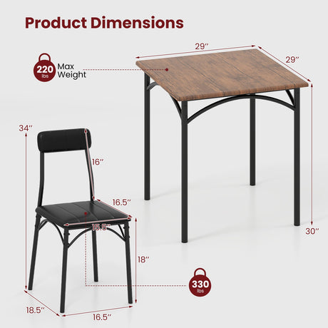 Juego de comedor de 3 piezas, mesa de cocina cuadrada y 2 sillas para comedor - Marrón rústico