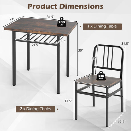 Juego de comedor de 3 piezas con mesa de cocina rectangular y 2 sillas