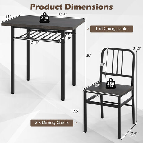 Juego de comedor de 3 piezas con mesa de cocina rectangular y 2 sillas