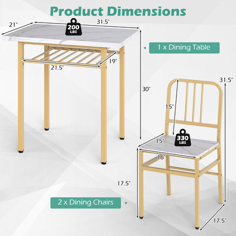 Juego de comedor de 3 piezas con mesa de cocina rectangular y 2 sillas