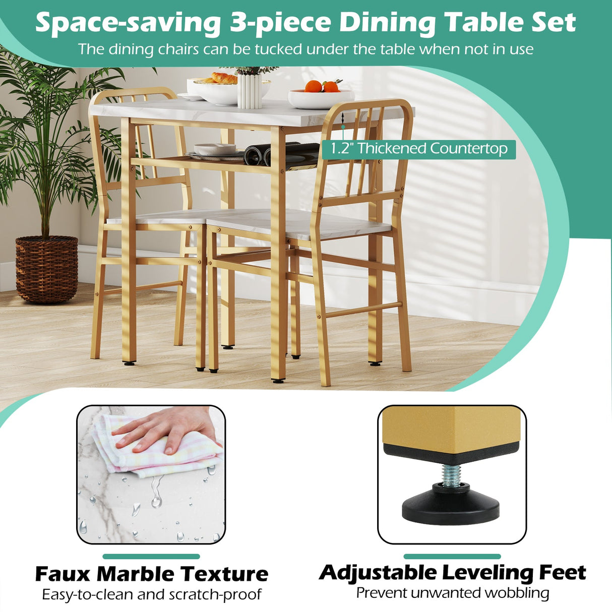 Juego de comedor de 3 piezas con mesa de cocina rectangular y 2 sillas