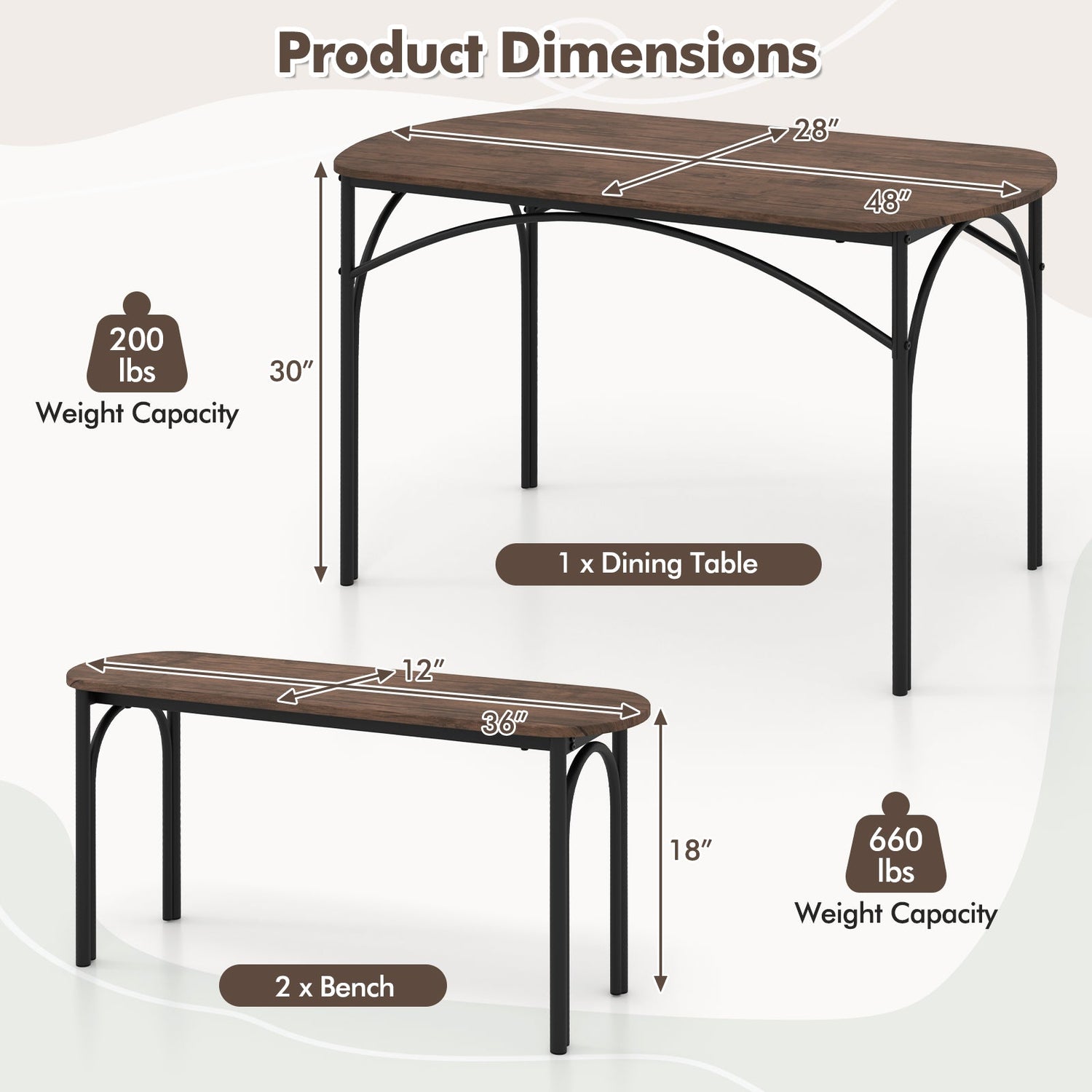 Juego de comedor de 3 piezas para 4 personas con estructura de metal - Marrón