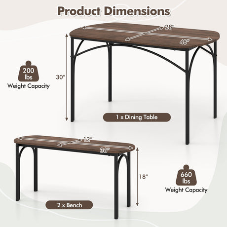 Juego de comedor de 3 piezas para 4 personas con estructura de metal - Marrón