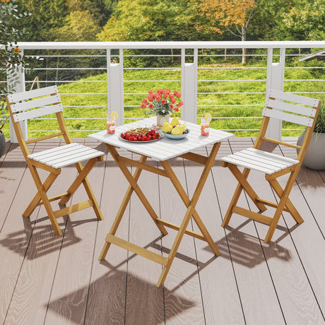 Juego de bistró plegable de 3 piezas para patio con diseño plegable, sillas de porche de madera de acacia y mesa cuadrada