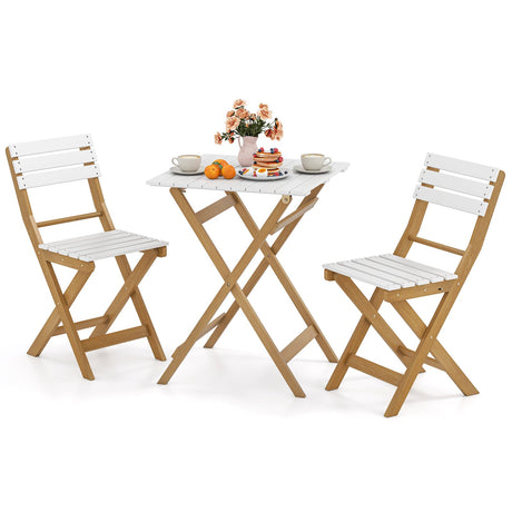 Juego de bistró plegable de 3 piezas para patio con diseño plegable, sillas de porche de madera de acacia y mesa cuadrada