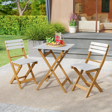 Juego de bistró plegable de 3 piezas para patio con diseño plegable, sillas de porche de madera de acacia y mesa cuadrada