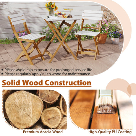 Juego de bistró plegable de 3 piezas para patio con diseño plegable, sillas de porche de madera de acacia y mesa cuadrada