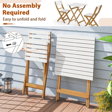 Juego de bistró plegable de 3 piezas para patio con diseño plegable, sillas de porche de madera de acacia y mesa cuadrada