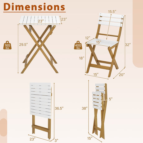 Juego de bistró plegable de 3 piezas para patio con diseño plegable, sillas de porche de madera de acacia y mesa cuadrada