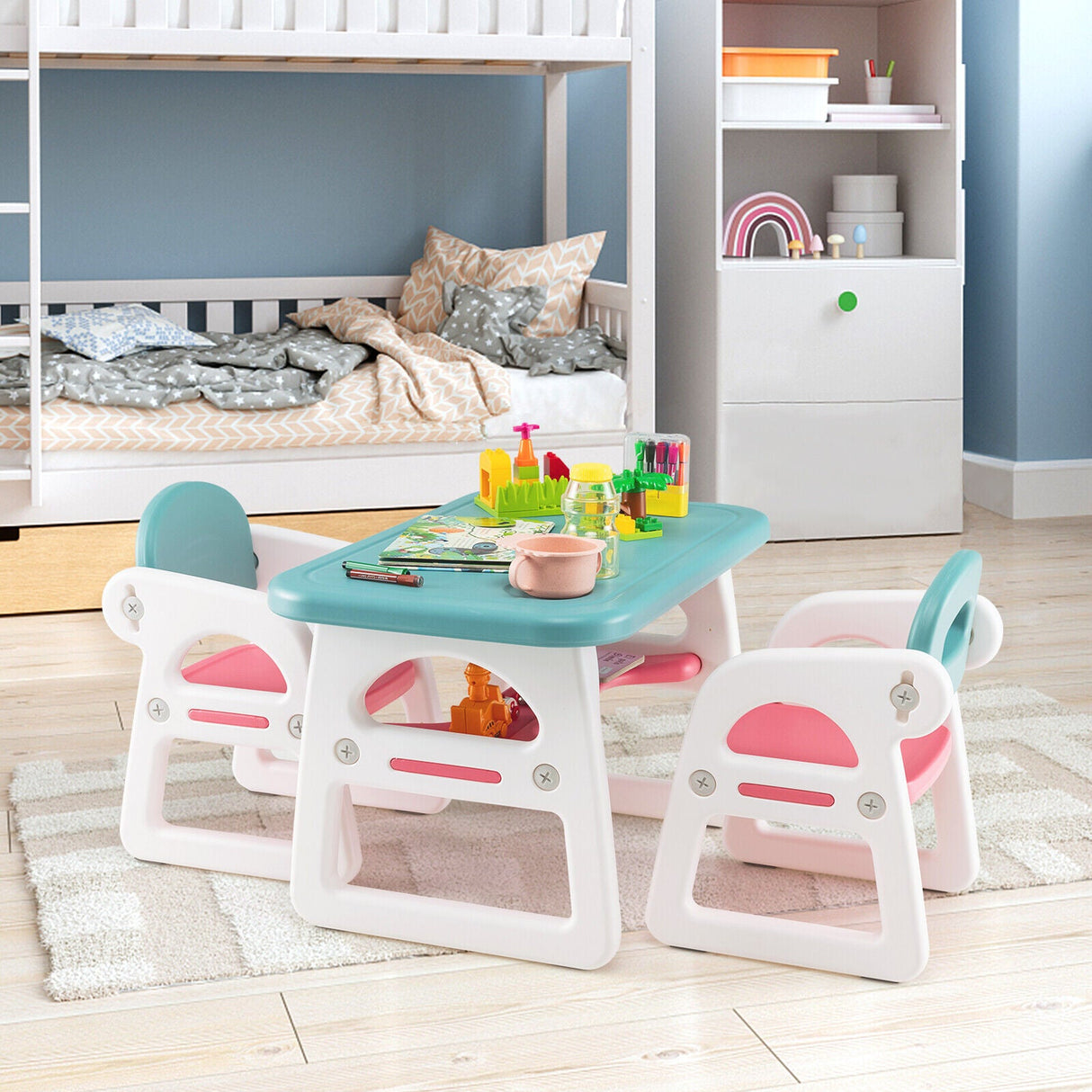 Juego de mesa y sillas para niños con bloques de construcción