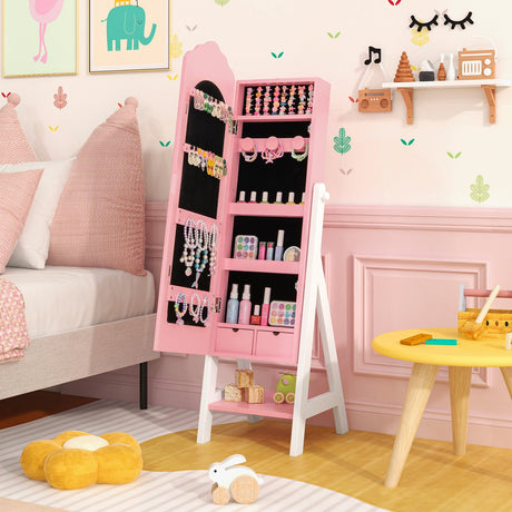 2 Pieces Kids Vanity Set and Jewelry Armoire Cabinet with Full-length Mirror
