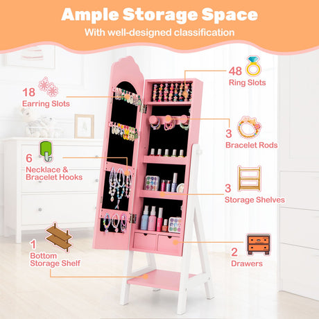 2 Pieces Kids Vanity Set and Jewelry Armoire Cabinet with Full-length Mirror