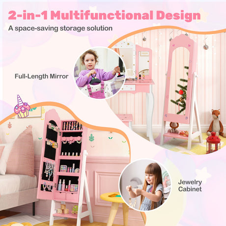 2 Pieces Kids Vanity Set and Jewelry Armoire Cabinet with Full-length Mirror