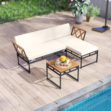 Juego de muebles de patio en forma de L de 3 piezas para porche, patio trasero y piscina - Beige