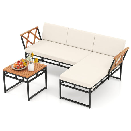 Juego de muebles de patio en forma de L de 3 piezas para porche, patio trasero y piscina - Beige
