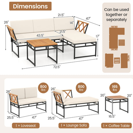 Juego de muebles de patio en forma de L de 3 piezas para porche, patio trasero y piscina - Beige