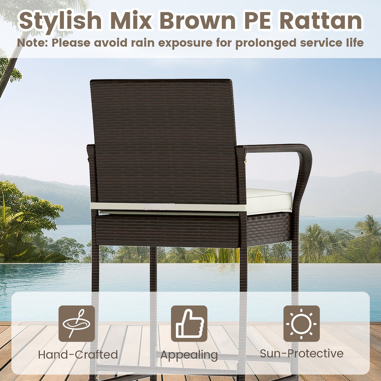 Set de bar de exterior de 3 piezas con 2 cojines para porche y patio - Blanco