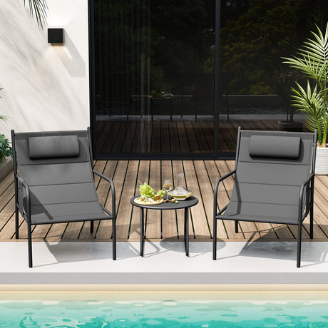 Juego de bistró de exterior de 3 piezas, silla de metal y mesa de centro para patio - Gris