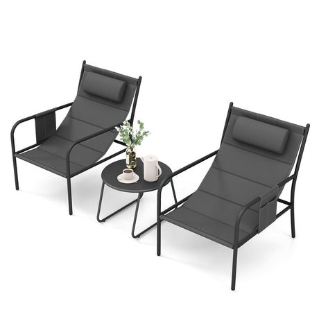 Juego de bistró de exterior de 3 piezas, silla de metal y mesa de centro para patio - Gris