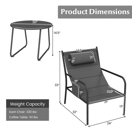 Juego de bistró de exterior de 3 piezas, silla de metal y mesa de centro para patio - Gris