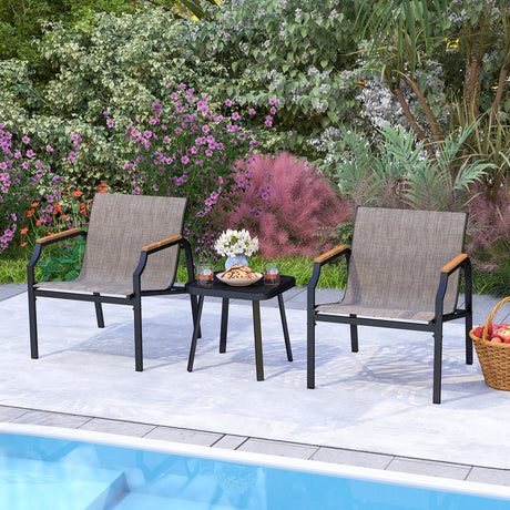 Juego de 3 sillas de exterior con asiento de tela transpirable y reposabrazos - Marrón