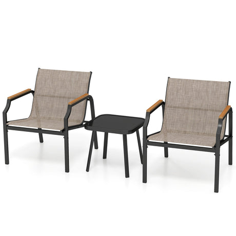 Juego de 3 sillas de exterior con asiento de tela transpirable y reposabrazos - Marrón