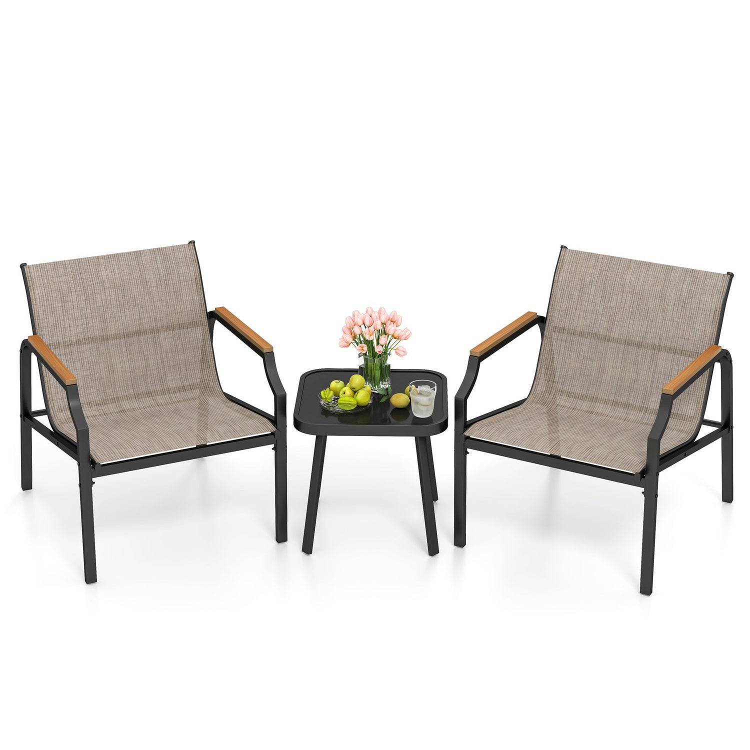 Juego de 3 sillas de exterior con asiento de tela transpirable y reposabrazos - Marrón