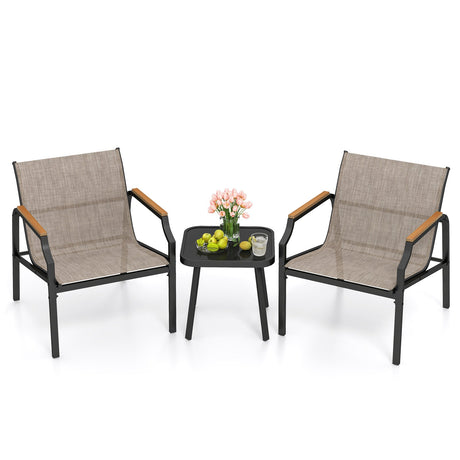 Juego de 3 sillas de exterior con asiento de tela transpirable y reposabrazos - Marrón