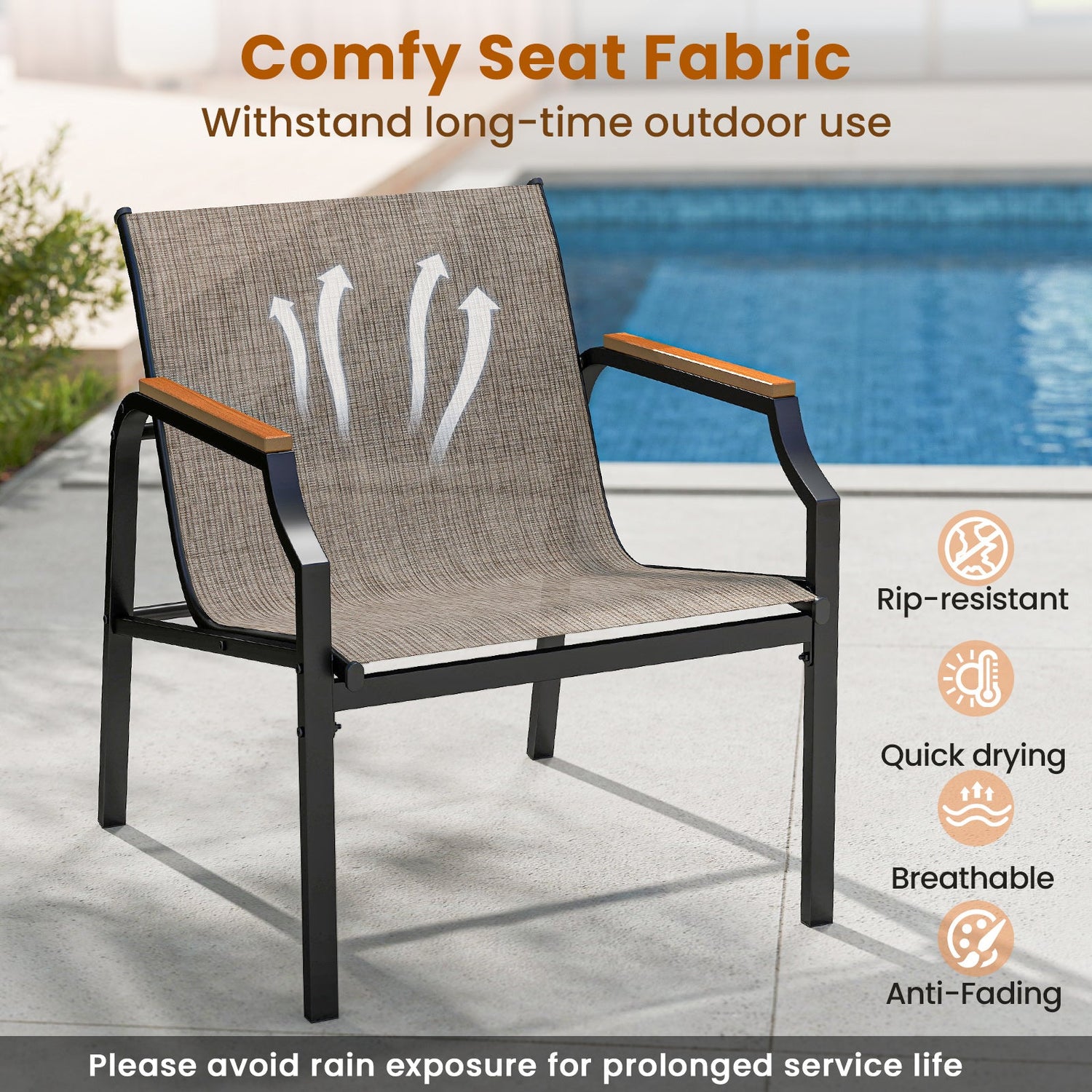 Juego de 3 sillas de exterior con asiento de tela transpirable y reposabrazos - Marrón