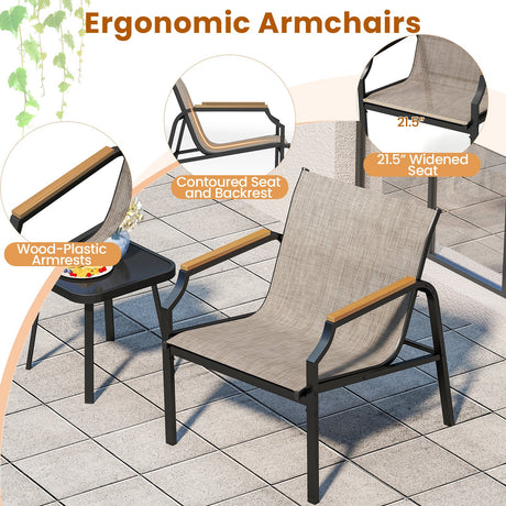 Juego de 3 sillas de exterior con asiento de tela transpirable y reposabrazos - Marrón