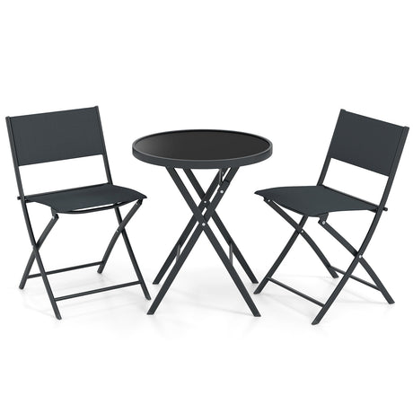 Juego de bistró plegable de 3 piezas para exteriores con mesa de centro de vidrio templado y 2 sillas de patio