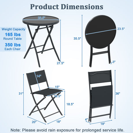 Juego de bistró plegable de 3 piezas para exteriores con mesa de centro de vidrio templado y 2 sillas de patio