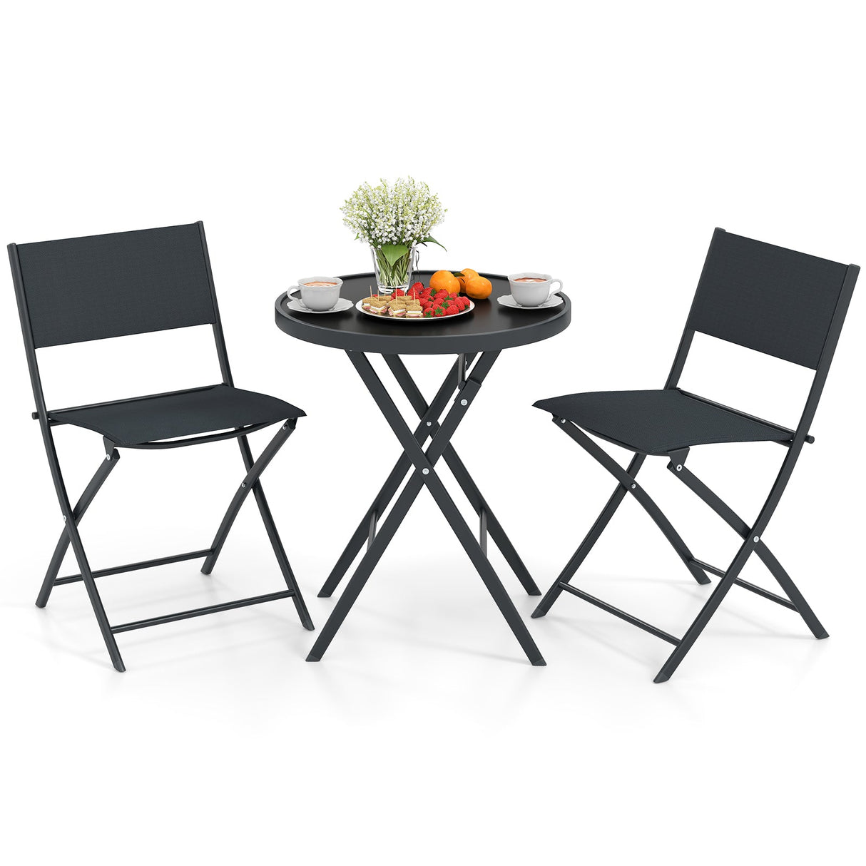 Juego de bistró plegable de 3 piezas para exteriores con mesa de centro de vidrio templado y 2 sillas de patio