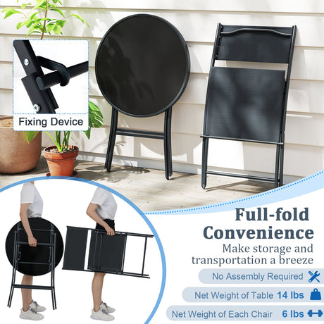 Juego de bistró plegable de 3 piezas para exteriores con mesa de centro de vidrio templado y 2 sillas de patio