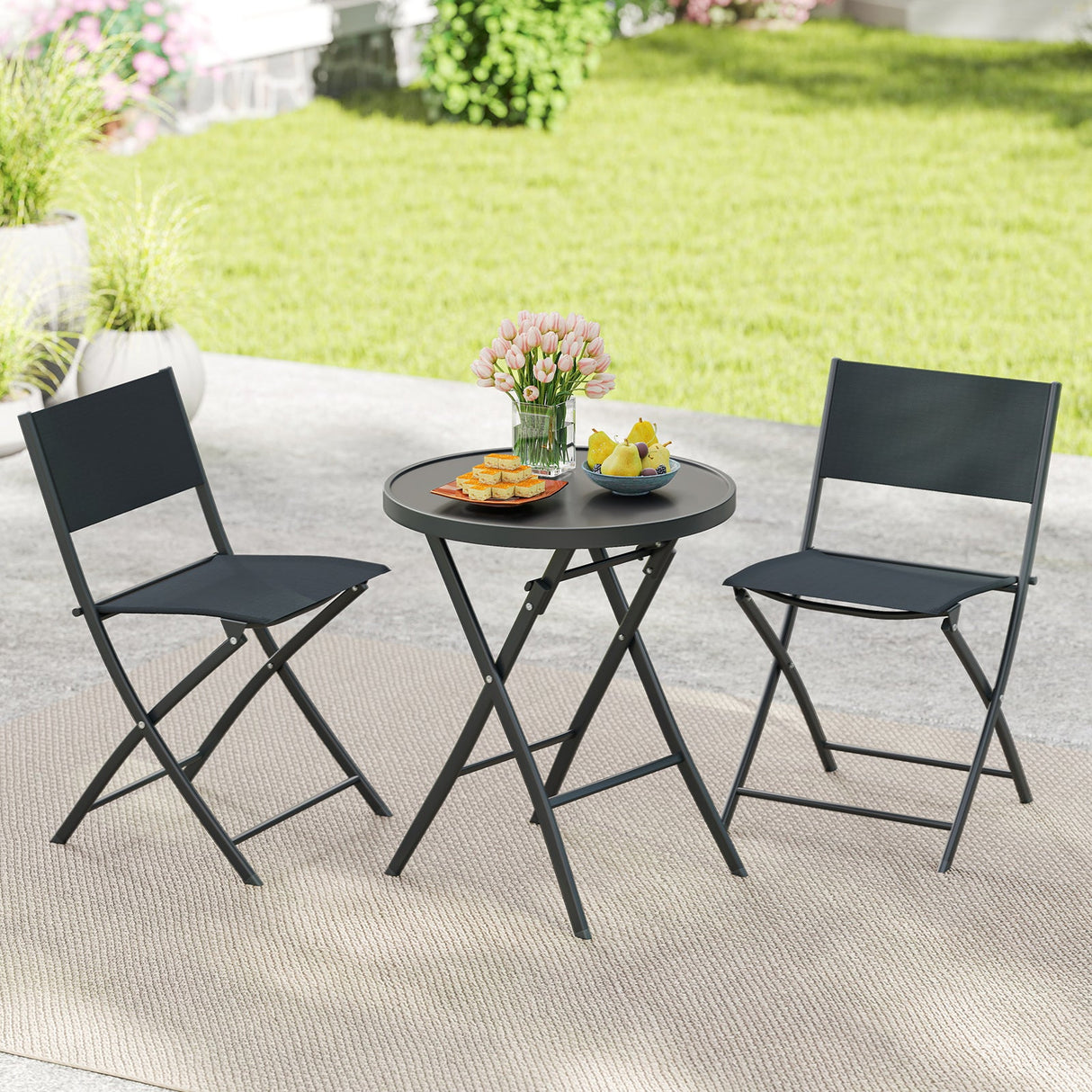 Juego de bistró plegable de 3 piezas para exteriores con mesa de centro de vidrio templado y 2 sillas de patio