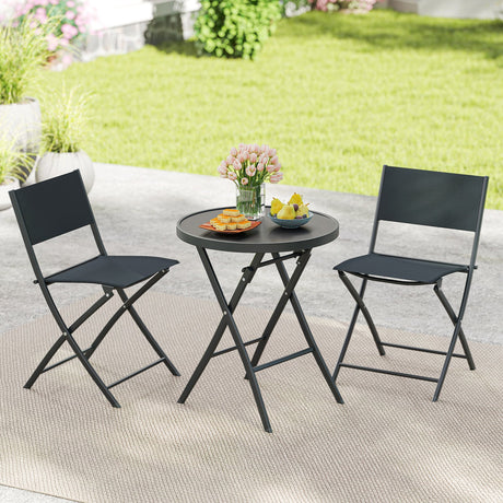 Juego de bistró plegable de 3 piezas para exteriores con mesa de centro de vidrio templado y 2 sillas de patio