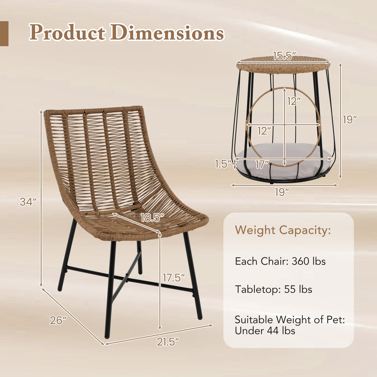 3 Piece Outdoor Furniture Set with Pet Housefor Patio Yard-Brown