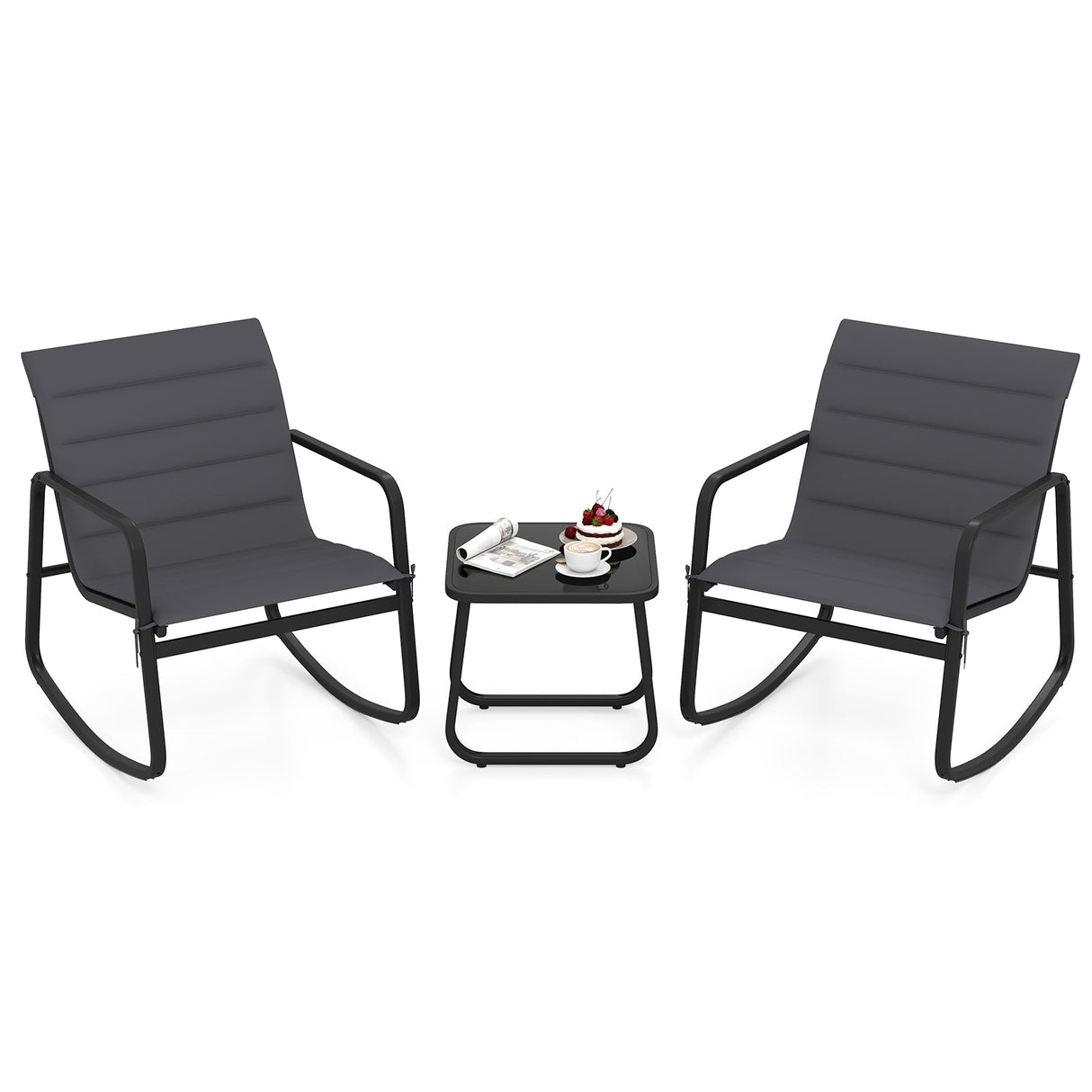 Juego de bistró mecedora para exteriores de 3 piezas, sillas mecedoras para porche con mesa de vidrio templado, gris